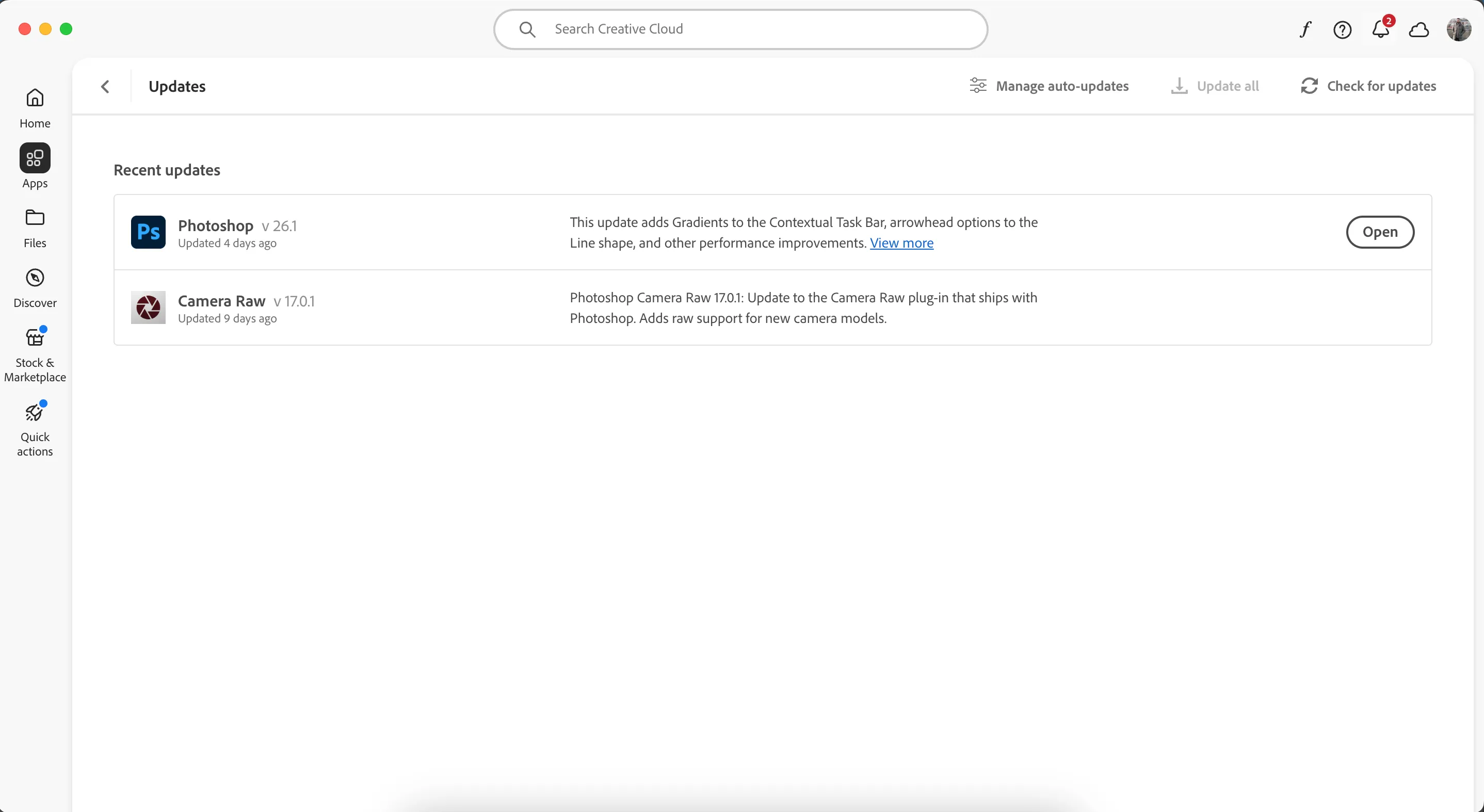Kiểm tra các bản cập nhật trong ứng dụng Adobe Creative Cloud