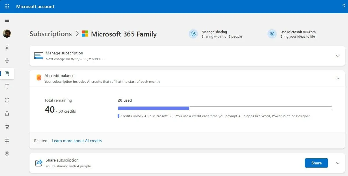 Kiểm tra số dư và theo dõi lượng AI Credits còn lại cho tài khoản Microsoft 365 của bạn