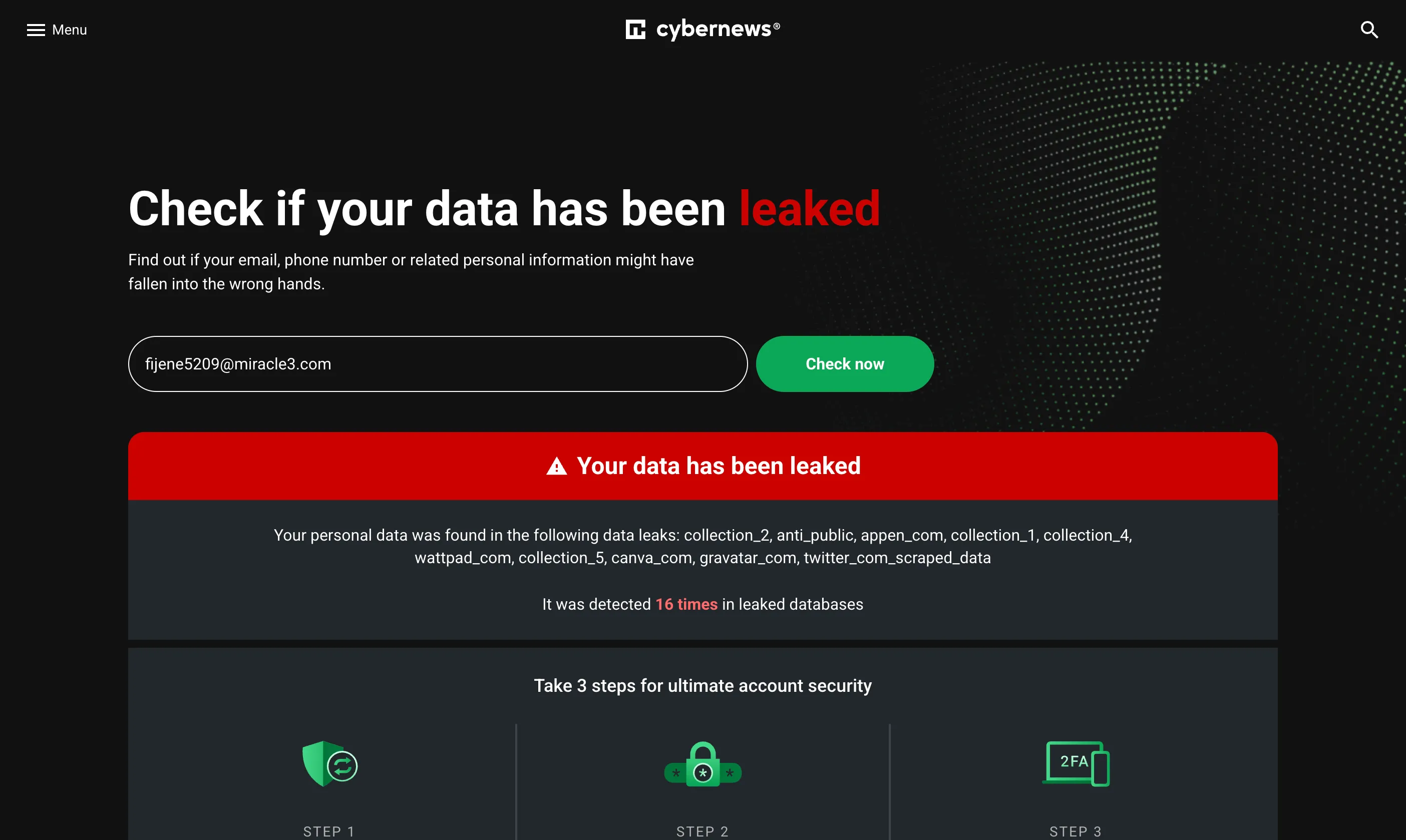Kiểm tra thông tin trên dark web với CyberNews Personal Data Leak Checker