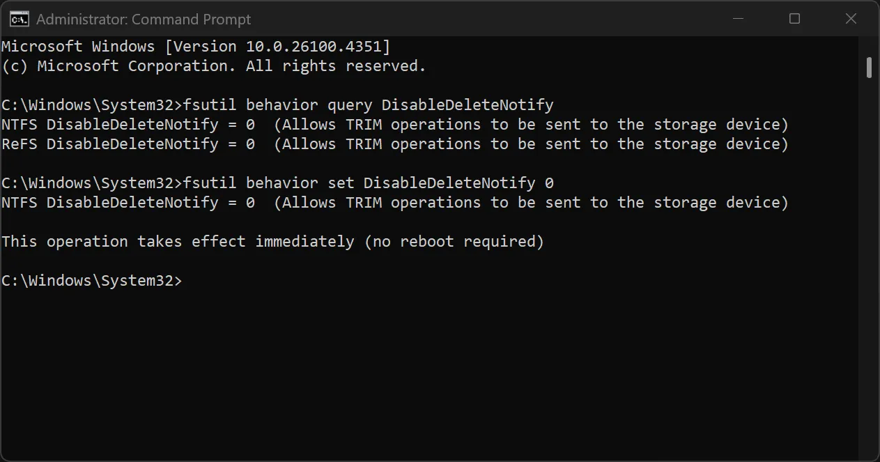 Kiểm tra trạng thái TRIM trong cửa sổ Command Prompt của quản trị viên