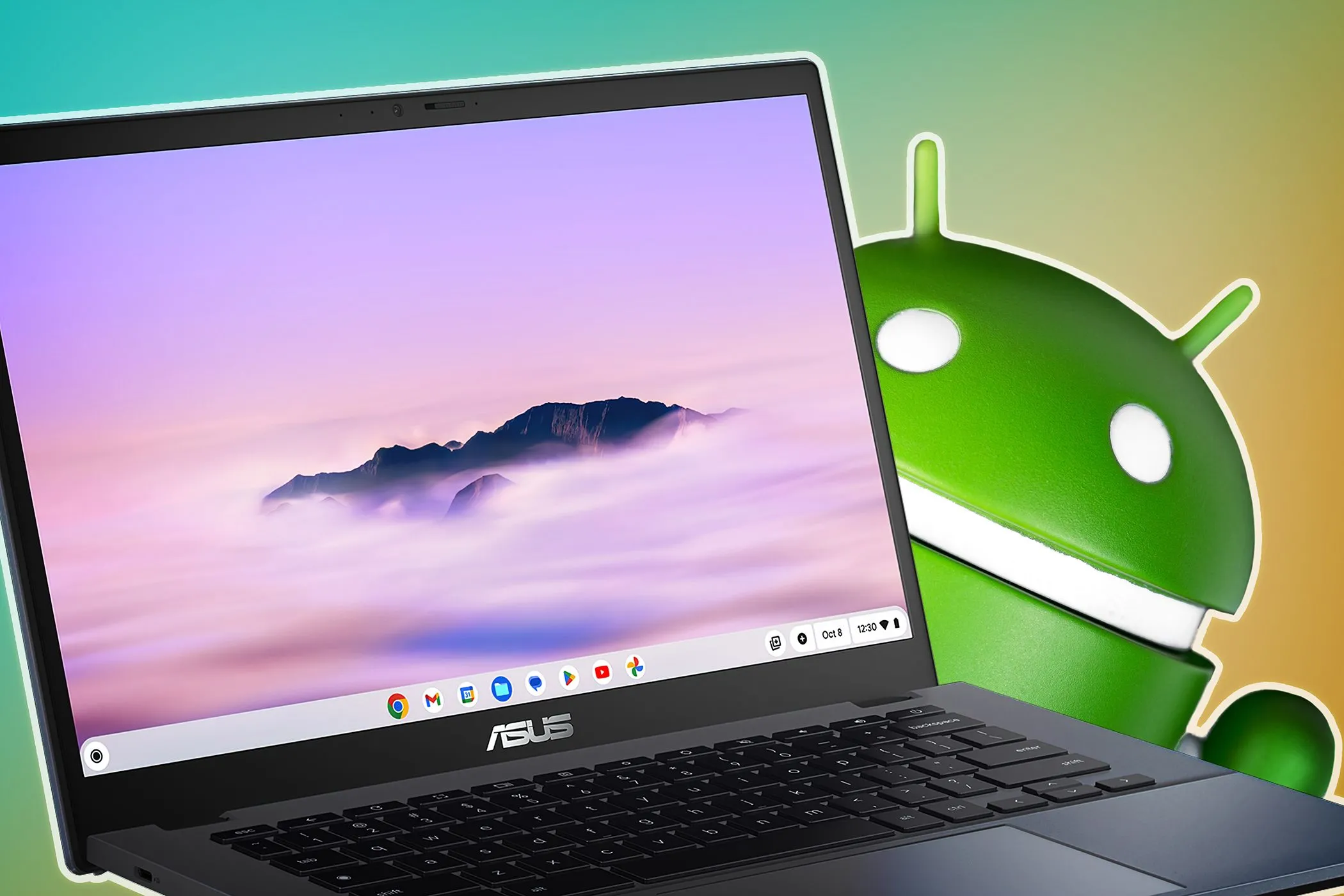 Laptop ASUS Chromebook với logo Android, thể hiện khả năng chạy ứng dụng Android và Linux
