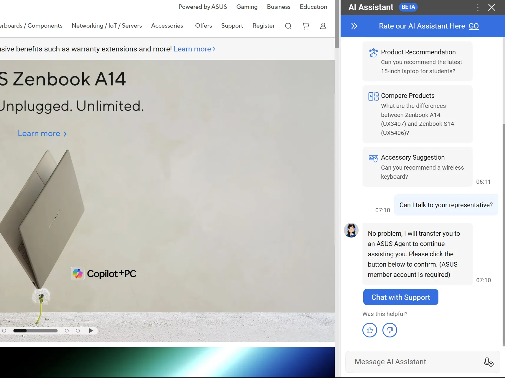 Laptop ASUS Zenbook A14 với tính năng hỗ trợ AI qua chatbot trên trang web