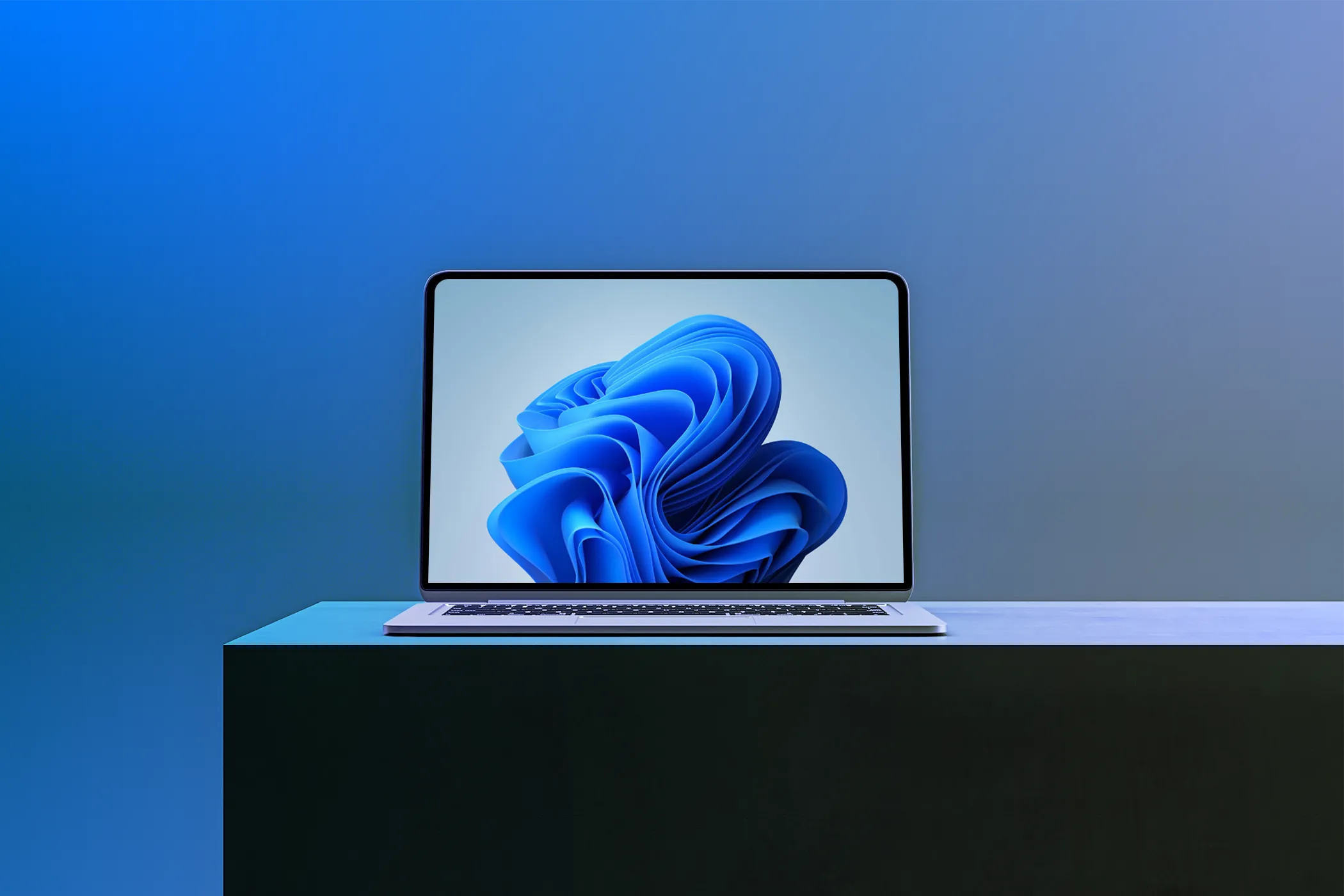 Laptop hiển thị hình nền Windows 11 trên màn hình có độ phân giải cao