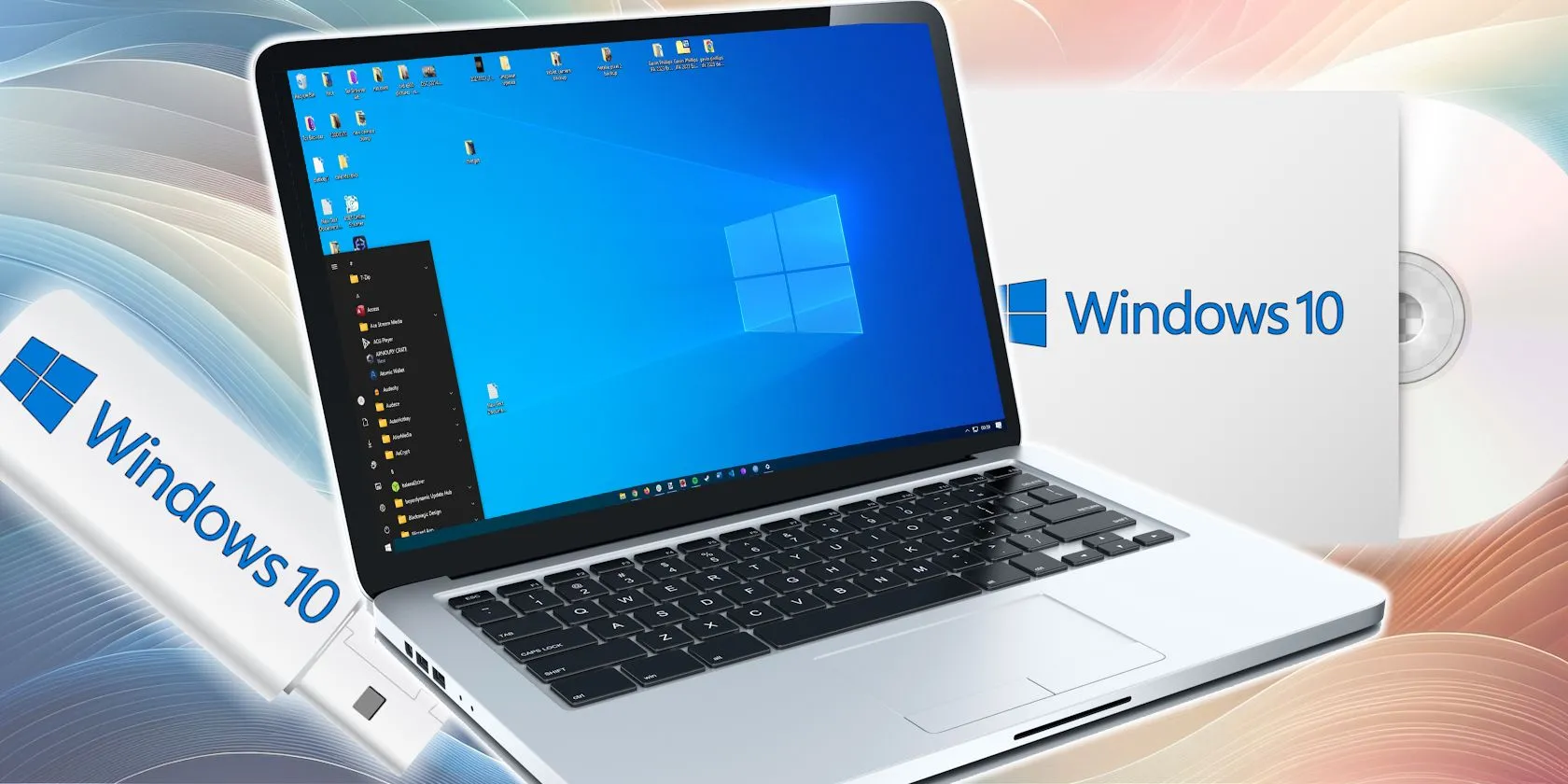 Laptop Windows 10 với các thiết bị cài đặt và logo Microsoft