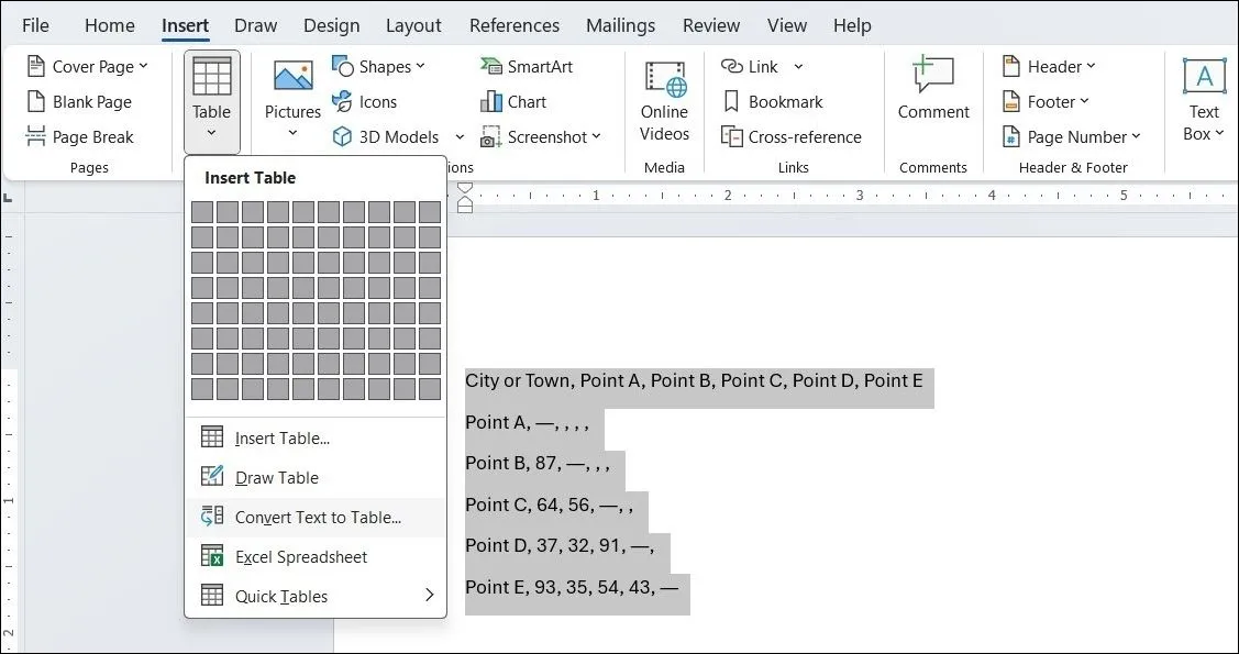 Lệnh Convert Text to Table giúp chuyển đổi văn bản sang bảng trong Word