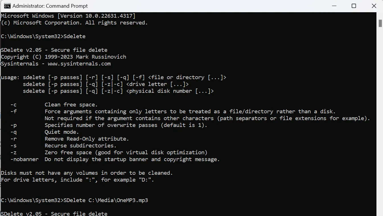 Lệnh SDelete hiển thị trong Command Prompt lần đầu tiên chạy