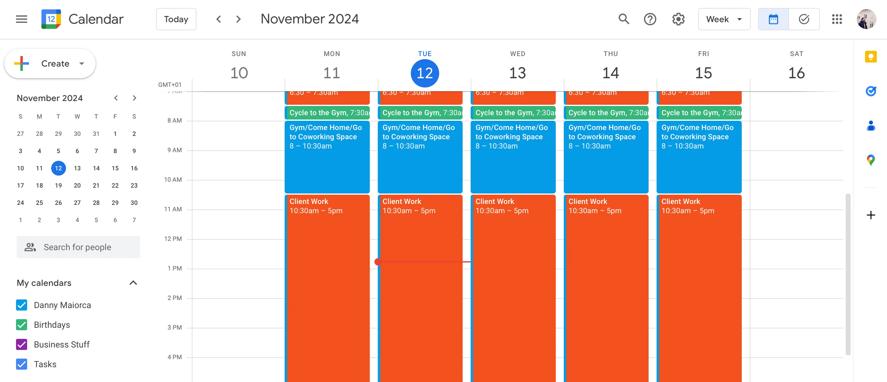 Lịch Google Calendar với các khối Time Blocking được sắp xếp