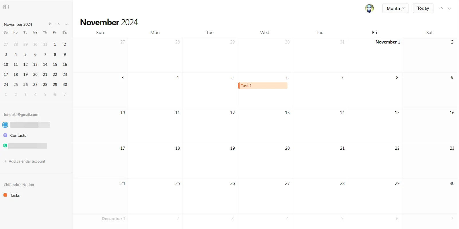 Lịch nhiệm vụ được đồng bộ trong Notion Calendar, hiển thị các công việc sắp tới.
