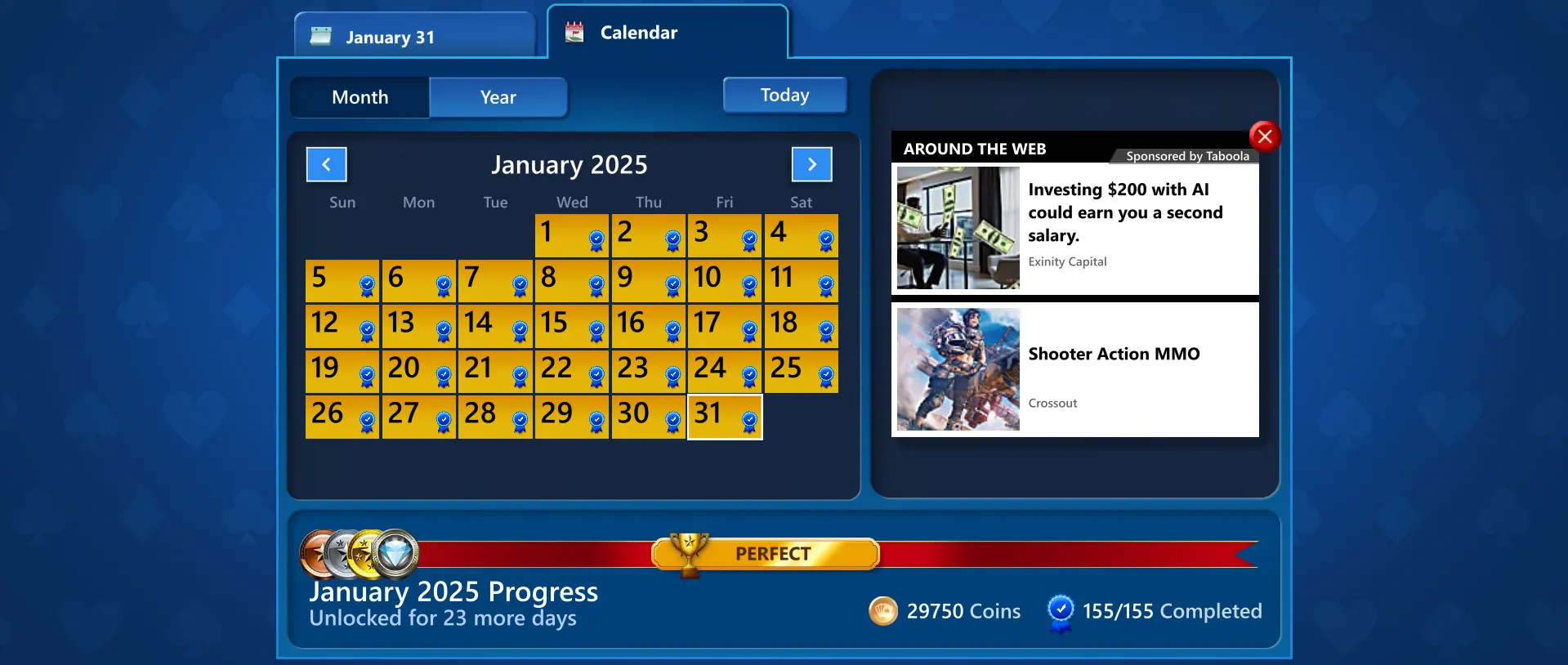 Lịch thử thách hàng ngày Microsoft Solitaire tháng 1 năm 2025 với thông báo còn 23 ngày để hoàn thành
