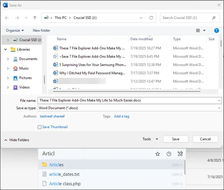 Listary hỗ trợ tìm kiếm và chuyển thư mục nhanh trong hộp thoại Save As của Microsoft Word