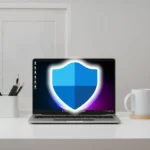 Logo Windows Security trên màn hình máy tính xách tay thể hiện tính năng bảo mật tích hợp.