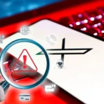 Logo X trên điện thoại với kính lúp cảnh báo lừa đảo và biểu tượng an ninh mạng