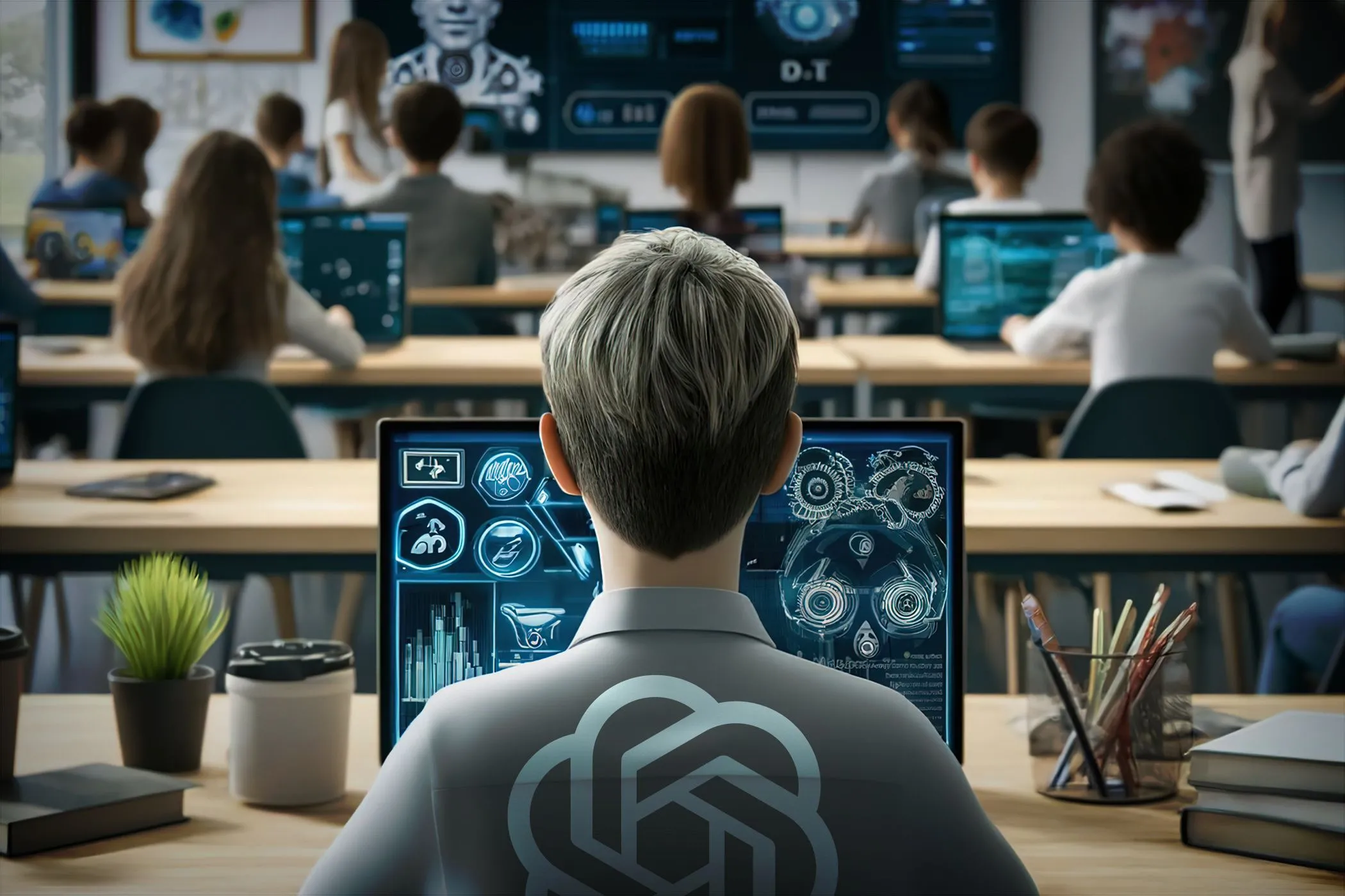 Lớp học do AI tạo ra với học sinh đang học, minh họa khả năng học hỏi của tác nhân AI.