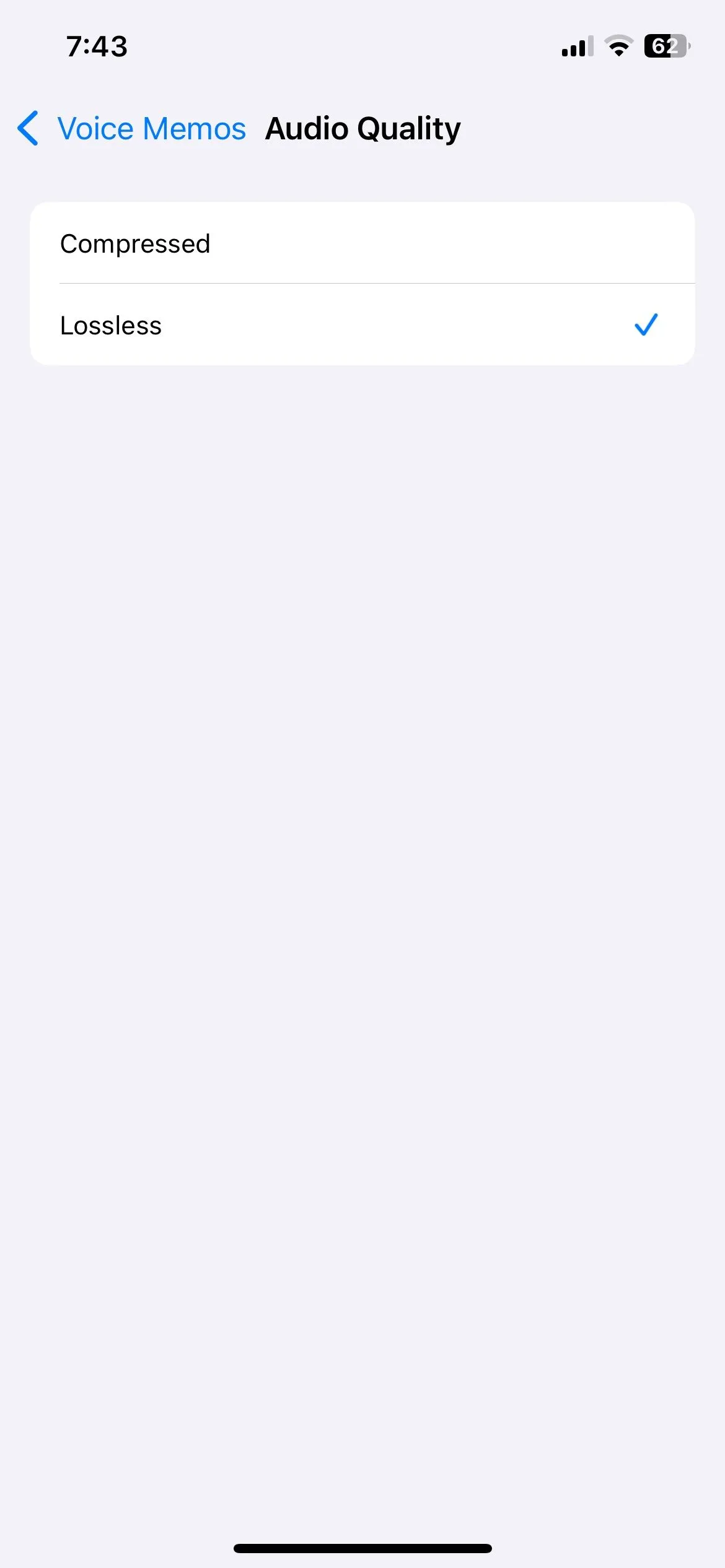 Lựa chọn chất lượng âm thanh Lossless trong cài đặt Ghi âm iPhone