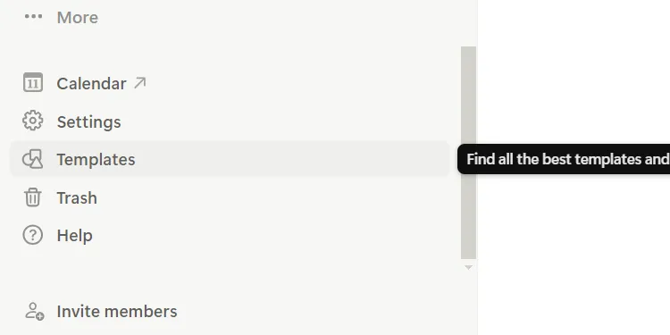 Lựa chọn Mẫu (Templates) trong thanh sidebar bên trái của Notion, giúp người dùng tìm kiếm và sử dụng các template có sẵn.