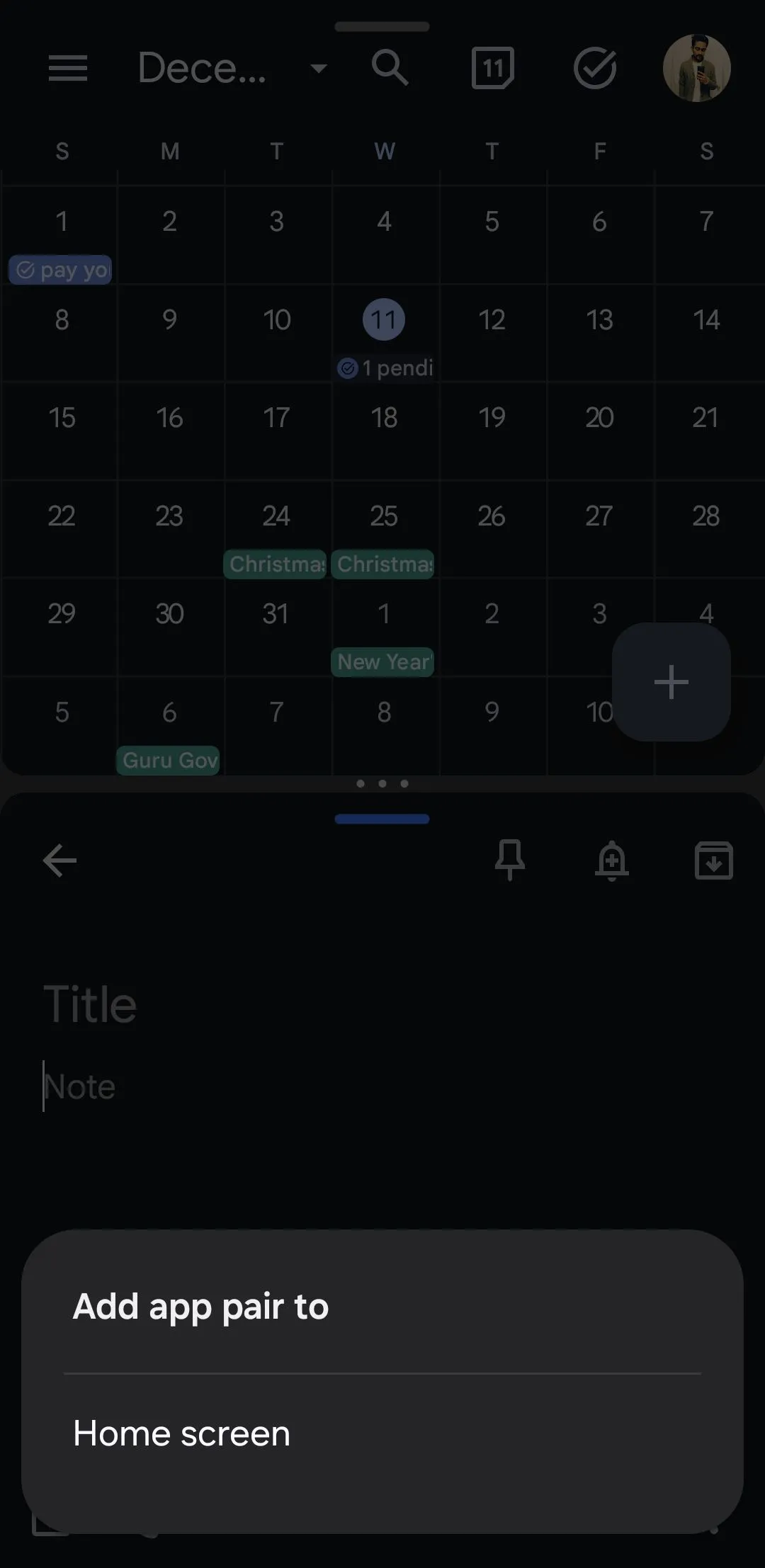 Màn hình Android với tùy chọn lưu cặp ứng dụng (App Pair) ra màn hình chính