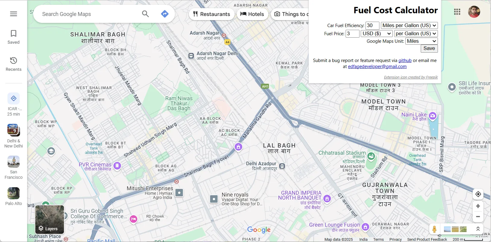 Màn hình cài đặt ban đầu của tiện ích Google Maps Fuel Cost Calculator, cho phép nhập thông số về hiệu suất nhiên liệu và giá xăng.