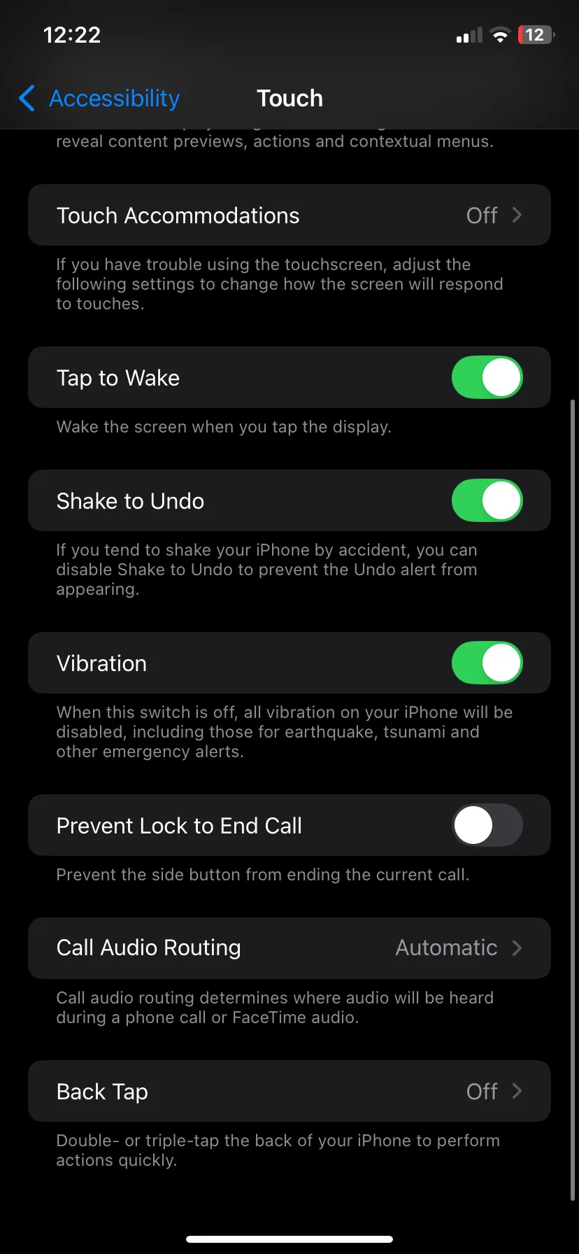Màn hình cài đặt Chạm (Touch) trong mục Trợ năng (Accessibility) của ứng dụng Cài đặt trên iPhone, nơi cấu hình tính năng Chạm mặt lưng.