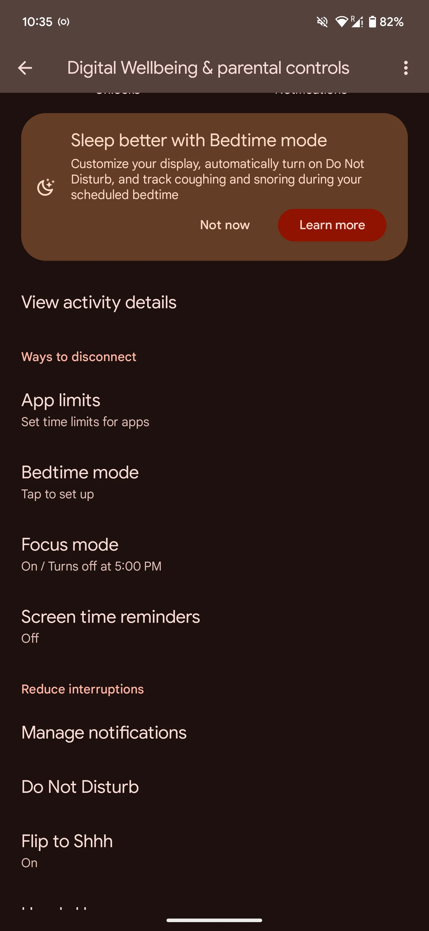 Màn hình cài đặt Chế độ Giờ đi ngủ (Bedtime Mode) trên thiết bị Android