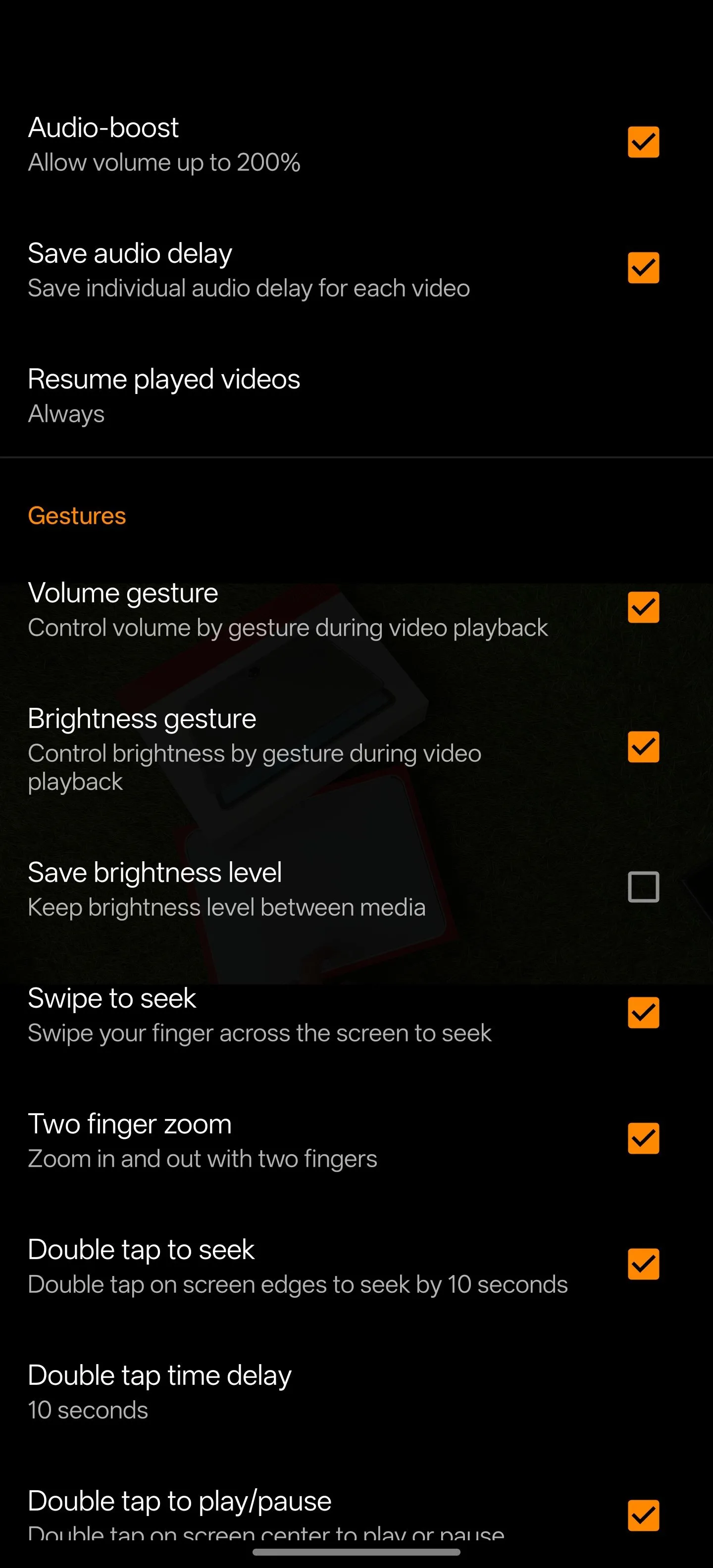 Màn hình cài đặt của ứng dụng VLC for Android với các tùy chọn cấu hình âm thanh, video và mạng