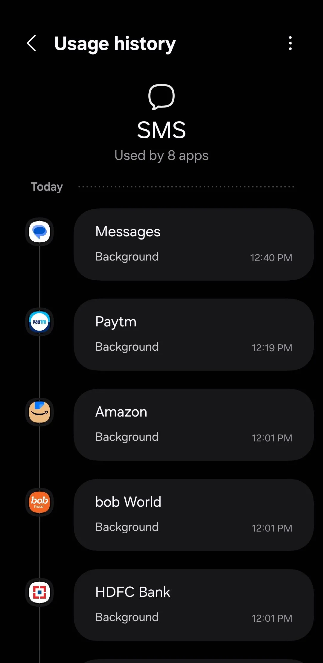 Màn hình cài đặt hiển thị danh sách các ứng dụng đã sử dụng quyền SMS trên điện thoại Samsung