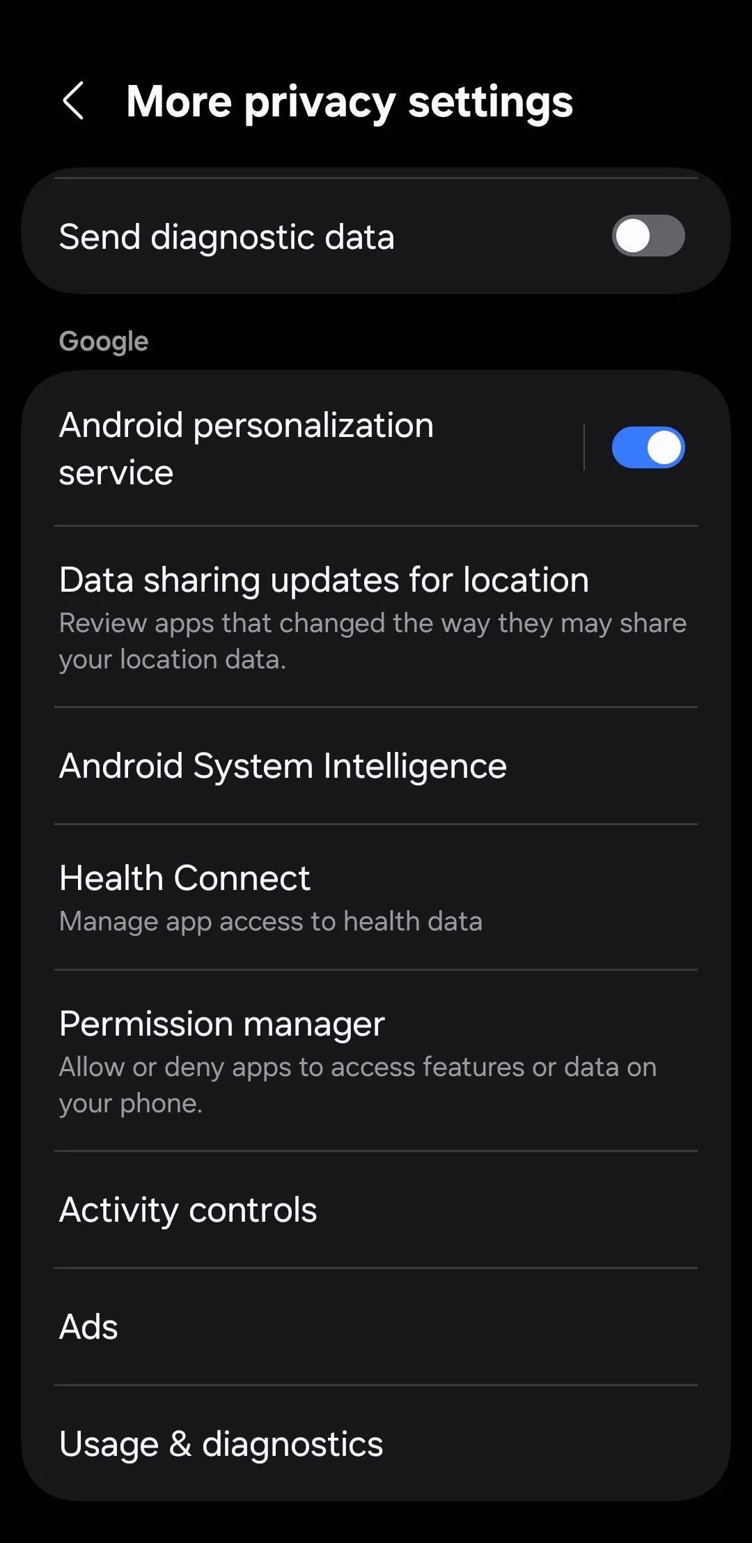 Màn hình Cài đặt Quyền riêng tư trên điện thoại Android.