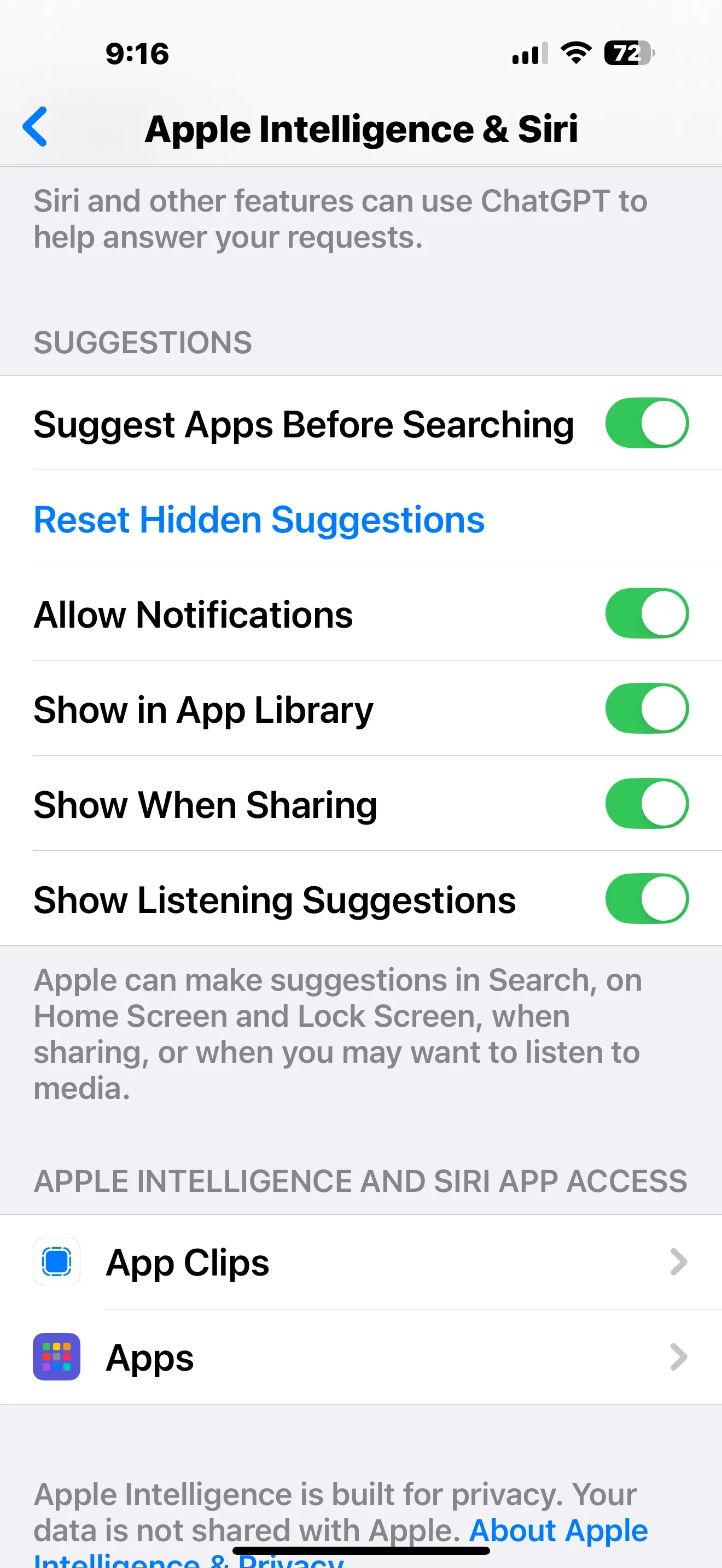 Màn hình cài đặt quyền truy cập ứng dụng của Apple Intelligence trên iPhone, cho phép tùy chỉnh AI theo ứng dụng.
