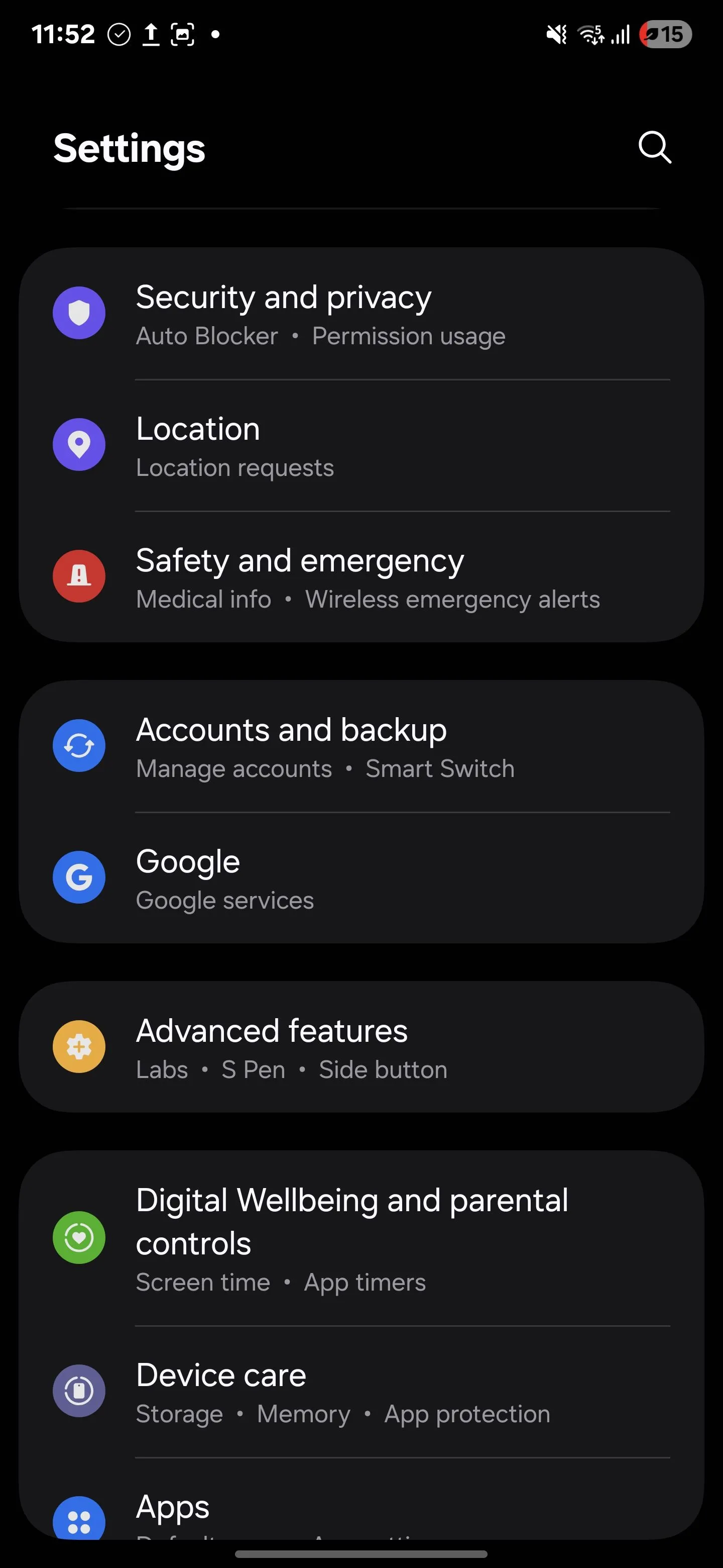 Màn hình Cài đặt (Settings) trên điện thoại Samsung Galaxy S25 Android