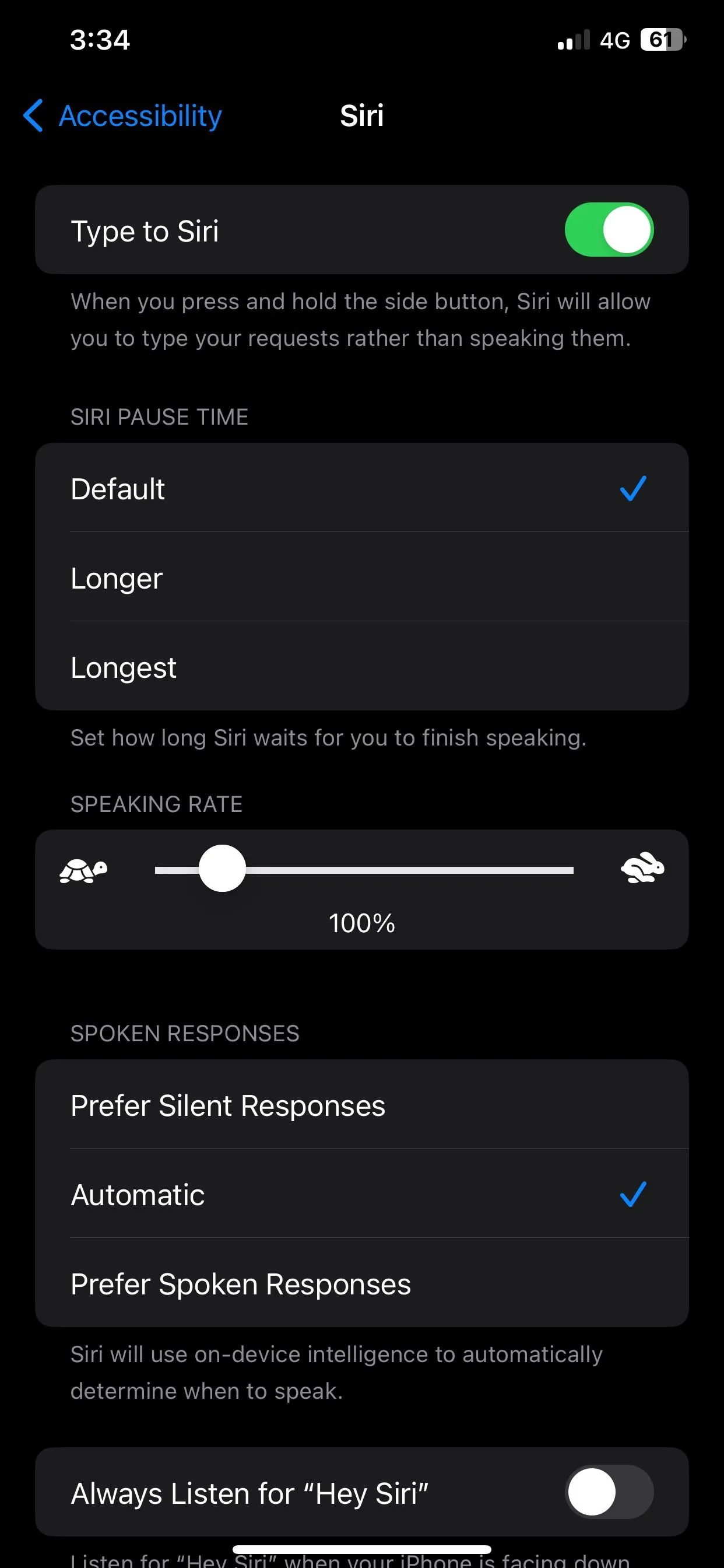 Màn hình cài đặt Siri trong mục Trợ Năng trên iPhone iOS 17, hiển thị công tắc bật/tắt tính năng 'Gõ Để Ra Lệnh Siri'.