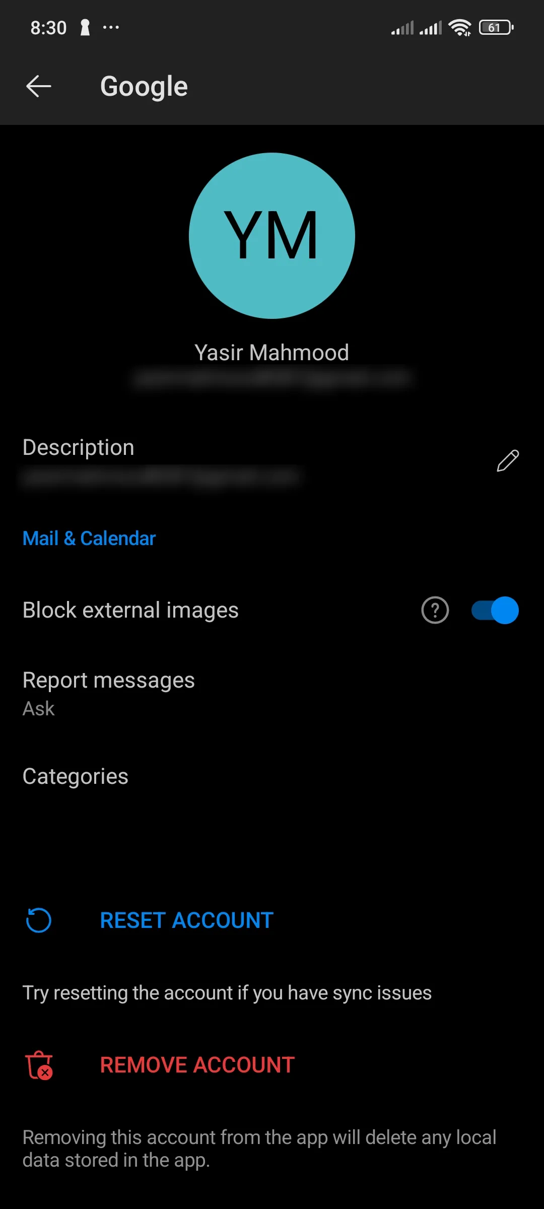 Màn hình cài đặt tài khoản Outlook trên Android với tùy chọn &quot;Chặn hình ảnh bên ngoài&quot; đã bật