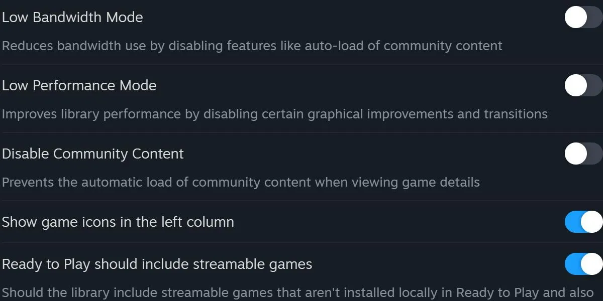 Màn hình cài đặt thư viện Steam, cho thấy tùy chọn bật 'Low Performance Mode' nhằm cải thiện hiệu suất.