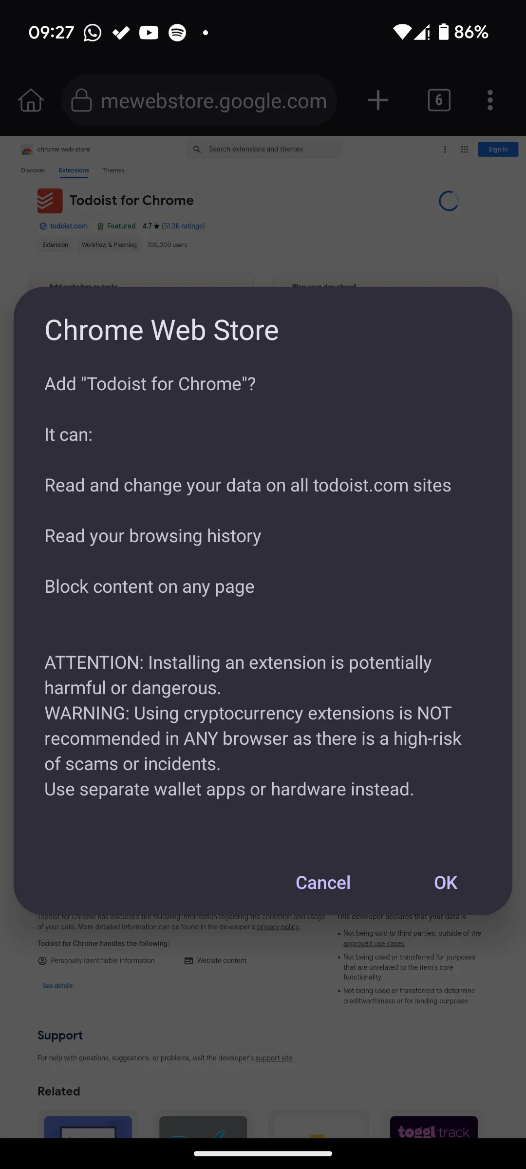 Màn hình cài đặt tiện ích Todoist trong Kiwi Browser, hiển thị nút &quot;Thêm vào Chrome&quot;