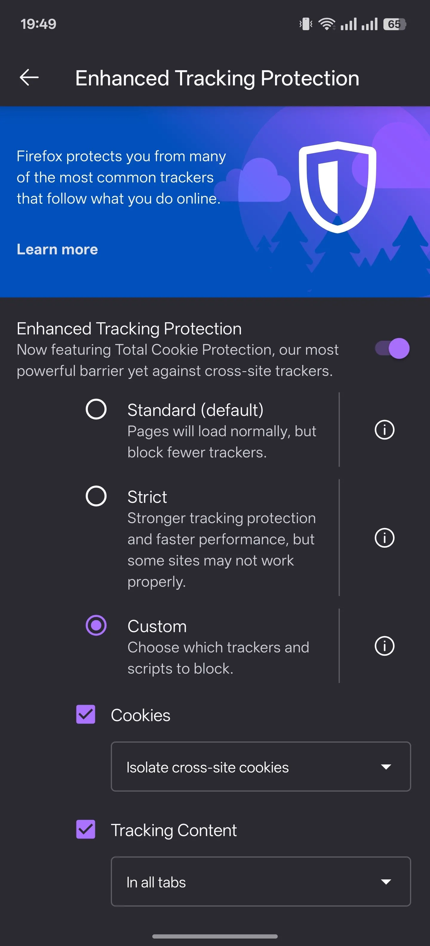 Màn hình cài đặt tính năng Bảo vệ theo dõi nâng cao (Enhanced Tracking Protection) trong trình duyệt Firefox trên Android