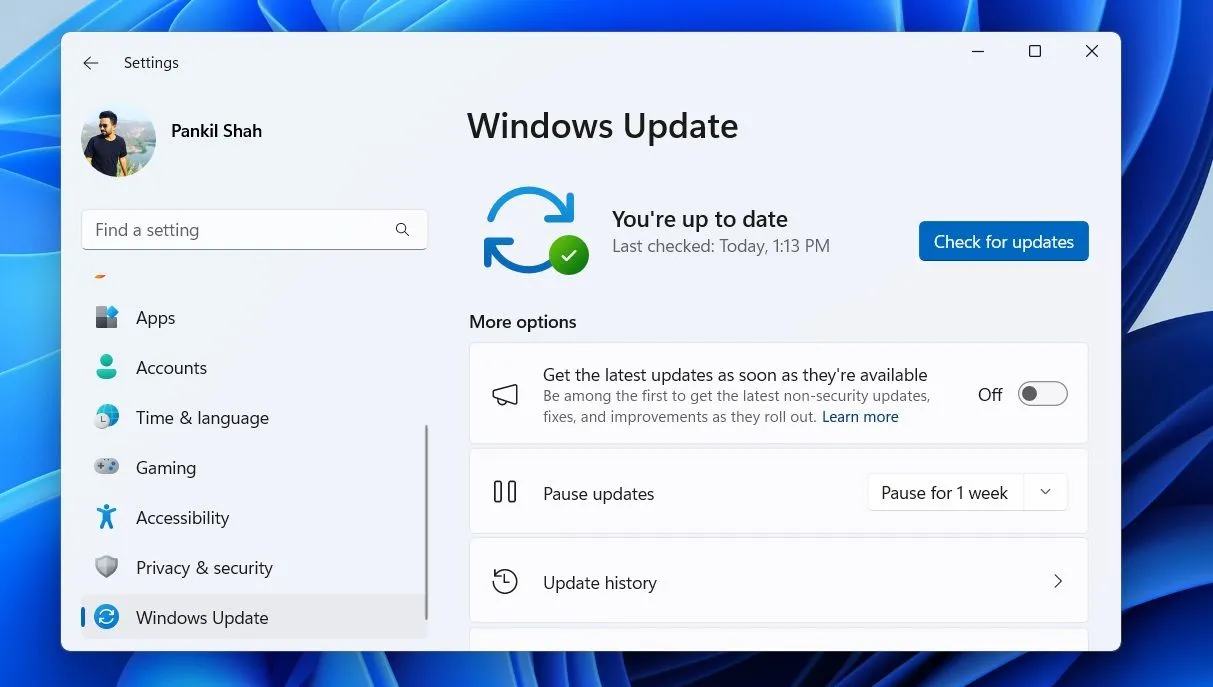 Màn hình Cập nhật Windows trong Cài đặt của Windows 11, thể hiện tính năng cập nhật