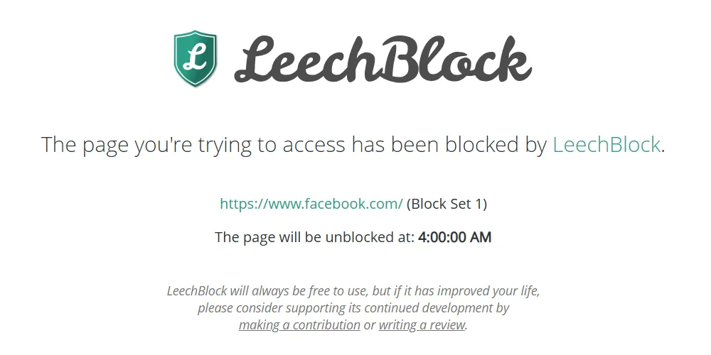 Màn hình chặn của LeechBlock khi truy cập trang web bị chặn
