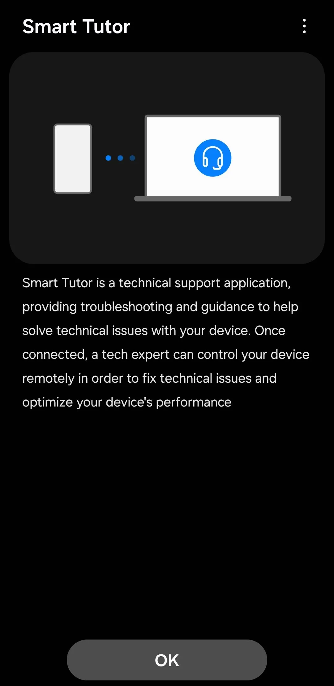 Màn hình chào mừng của ứng dụng Smart Tutor, sẵn sàng kết nối hỗ trợ kỹ thuật từ xa cho điện thoại Galaxy.