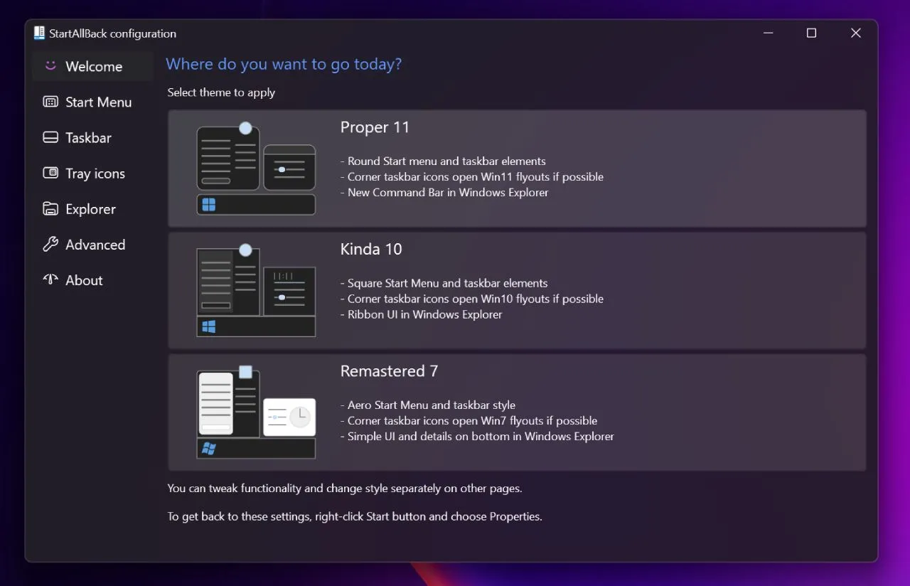Màn hình chào mừng Startallback trên Windows 11 cho phép tùy chỉnh giao diện