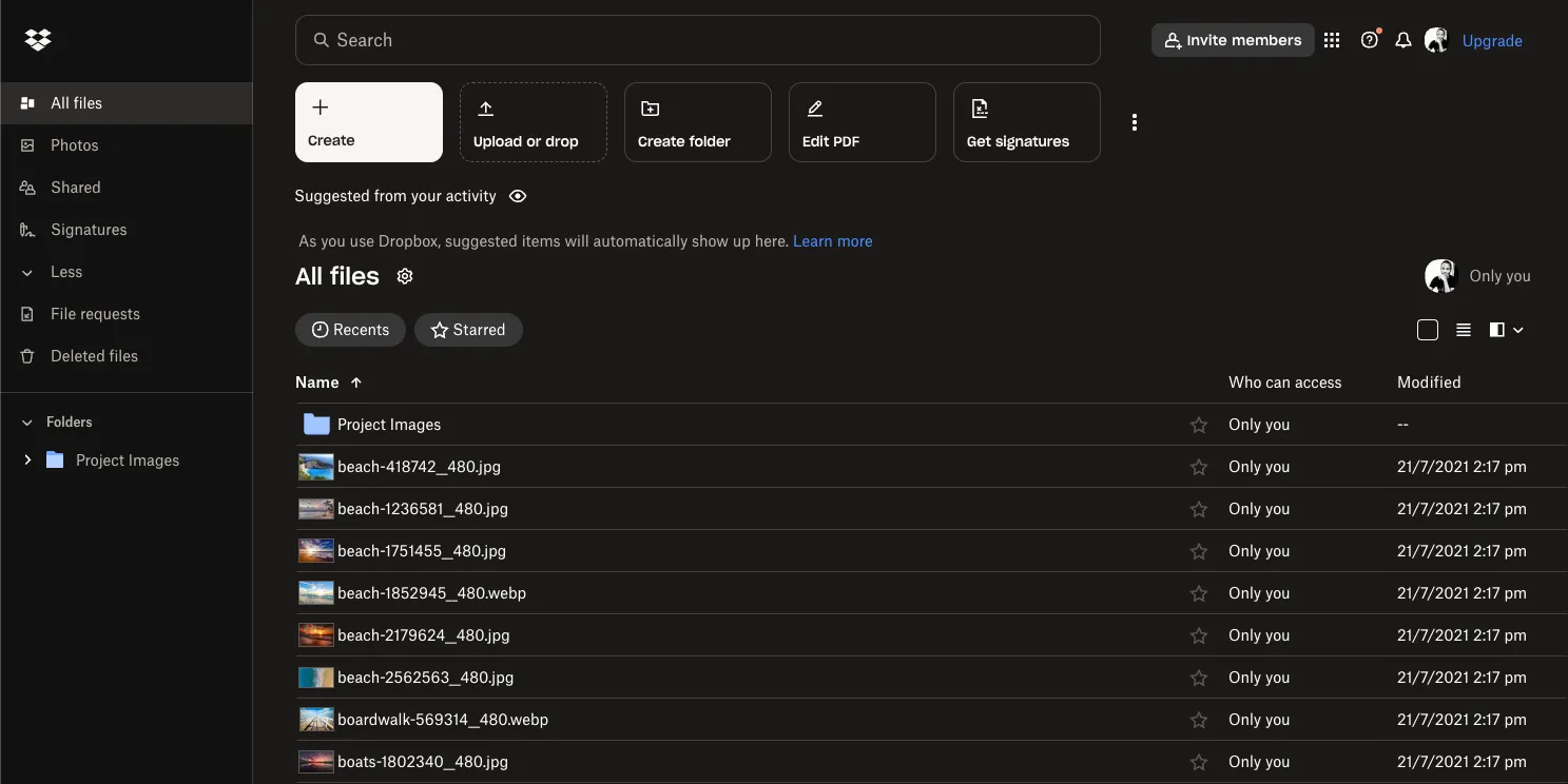 Màn hình chính của Dropbox Vault, hiển thị các tệp tin được lưu trữ an toàn trong không gian đám mây trả phí