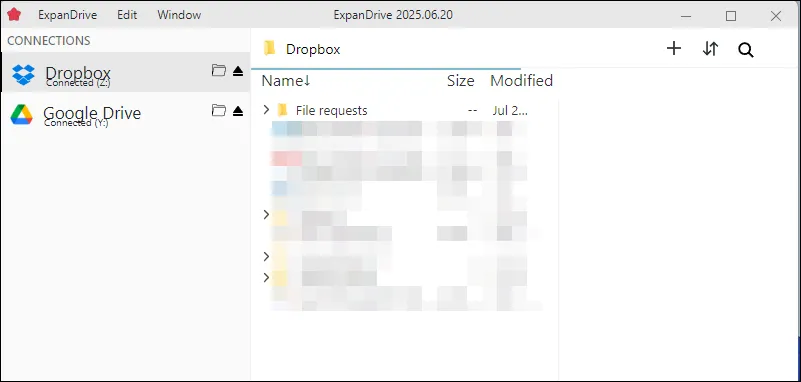 Màn hình chính của ExpanDrive đang mở trên Windows 11, hiển thị tùy chọn gắn kết và duyệt lưu trữ đám mây.