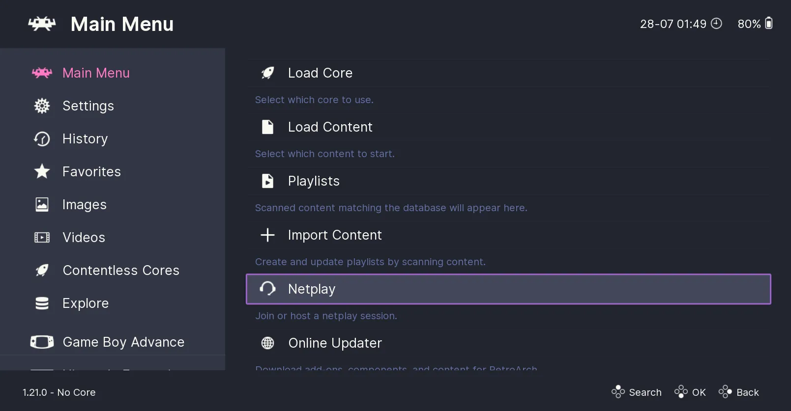 Màn hình chính của RetroArch với các tùy chọn như Load Core và Load Content