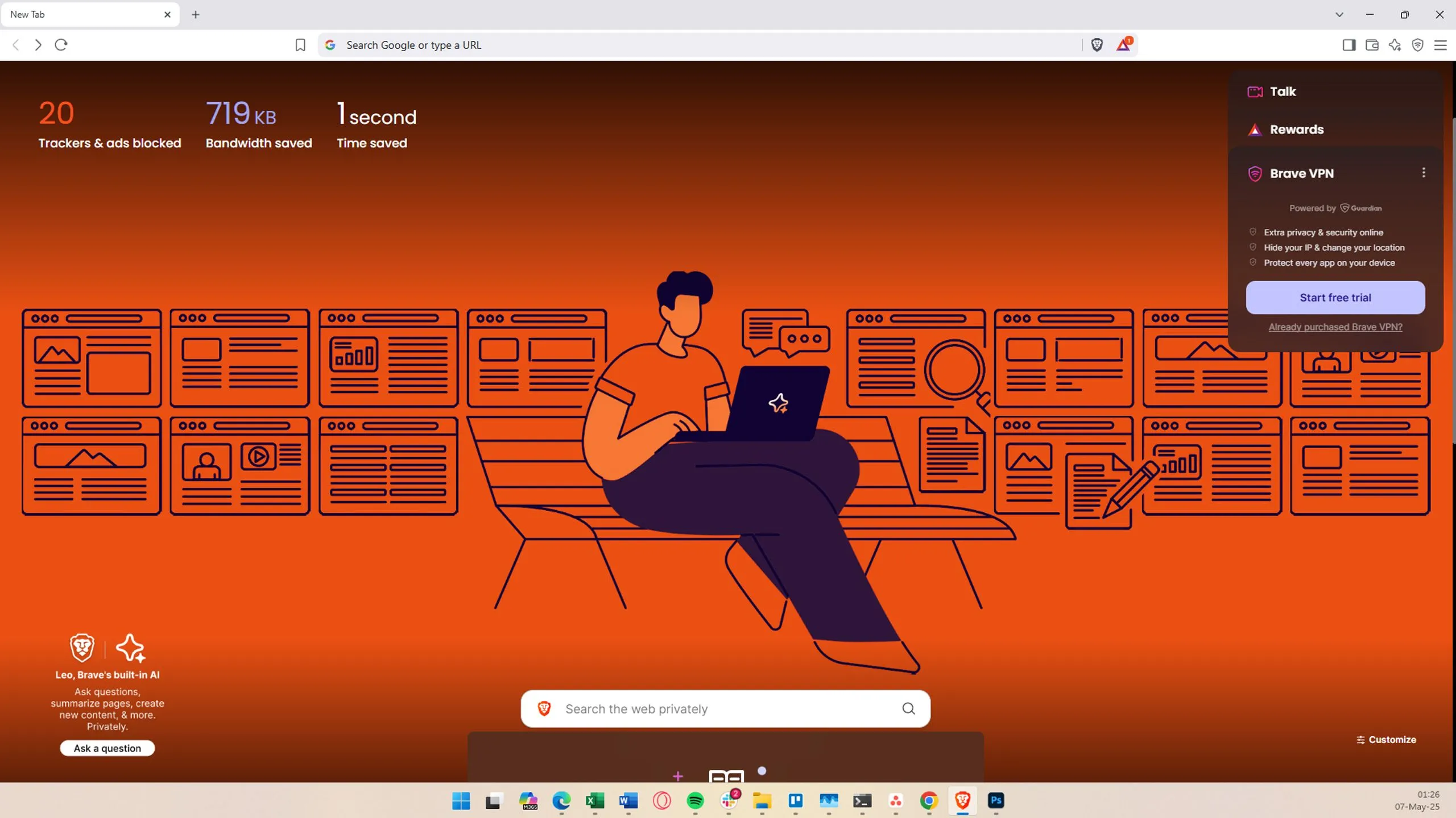 Màn hình chính của trình duyệt Brave Browser, hiển thị các tính năng chặn quảng cáo và theo dõi, giúp tăng cường quyền riêng tư khi duyệt web