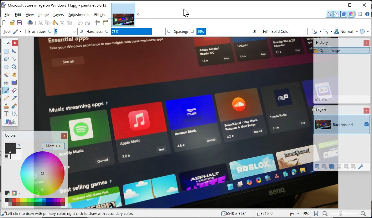 Màn hình chính của ứng dụng chỉnh sửa ảnh Paint.NET trên Windows 11 hiển thị một bức ảnh đang được chỉnh sửa