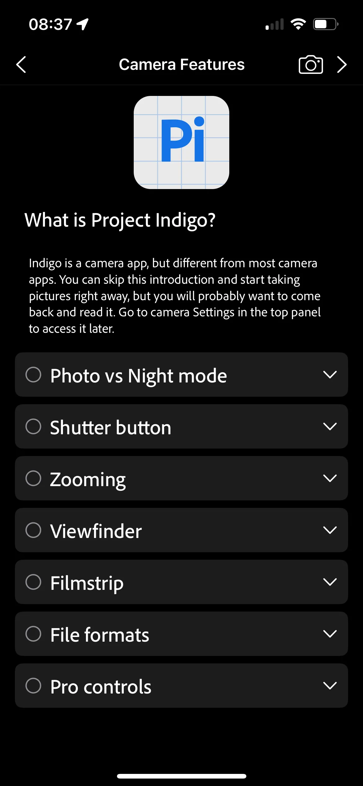 Màn hình chính của ứng dụng Project Indigo, thể hiện sự đơn giản và chuyên nghiệp