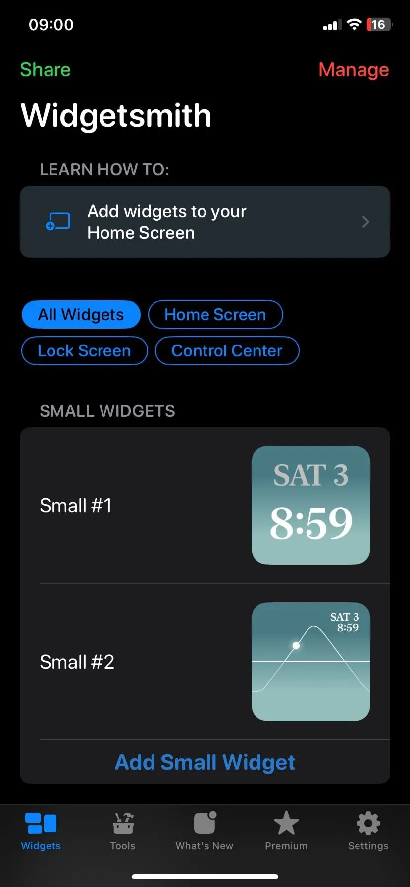 Màn hình chính của Widgetsmith, cho phép người dùng tạo và tùy chỉnh các widget.