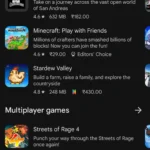 Màn hình chính Google Play Store trên điện thoại Android với nhiều ứng dụng phổ biến.