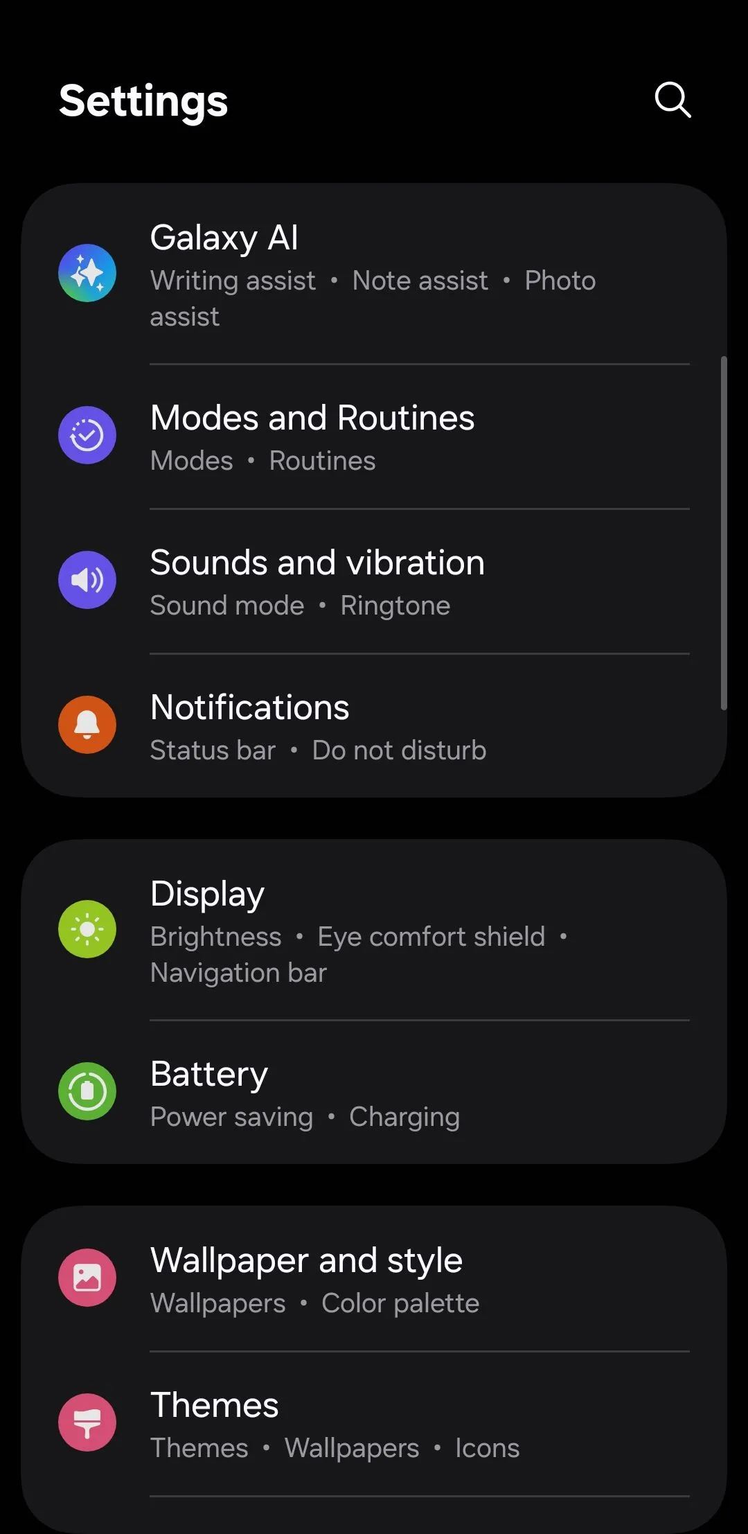 Màn hình chính menu cài đặt trên điện thoại Android