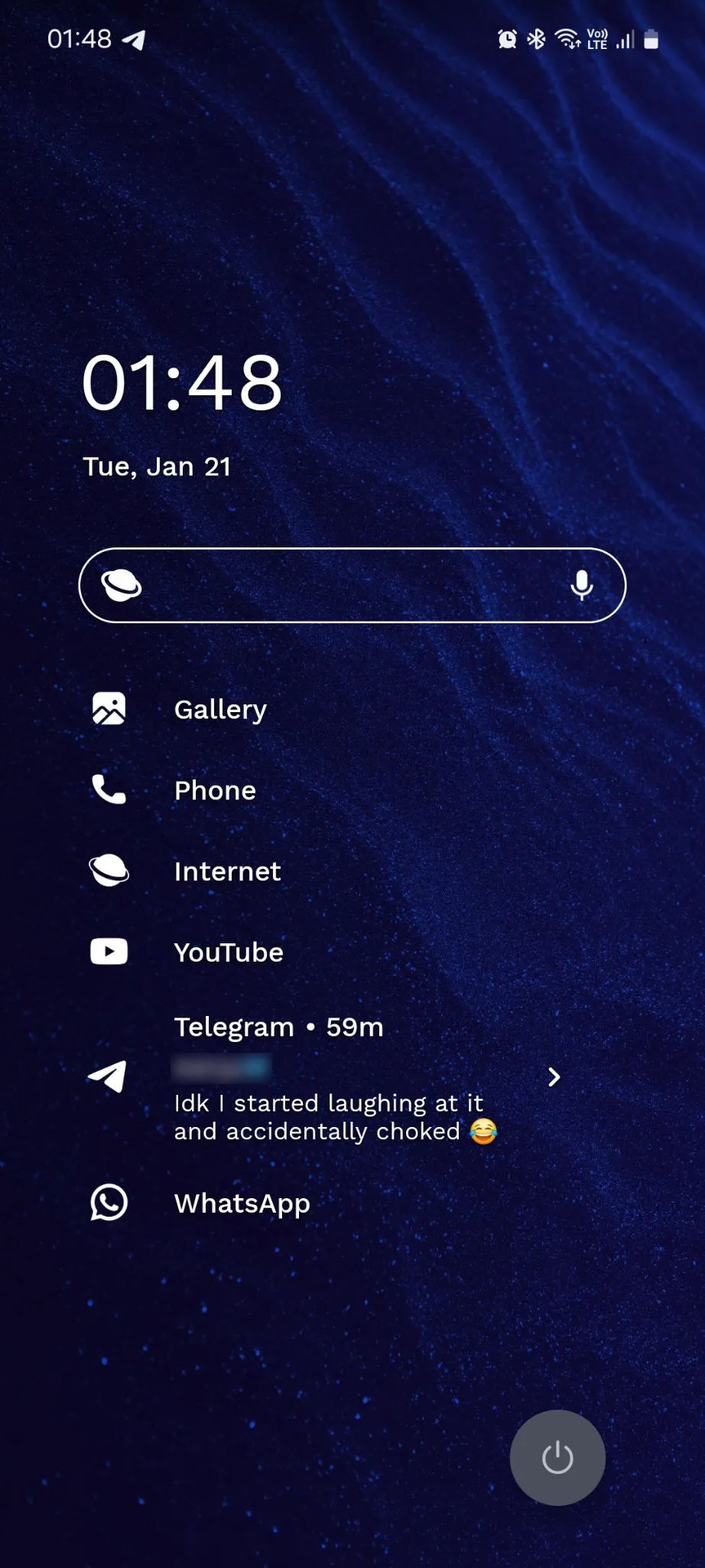 Màn hình chính Niagara Launcher hiển thị nội dung thông báo và ô trả lời tin nhắn từ Telegram