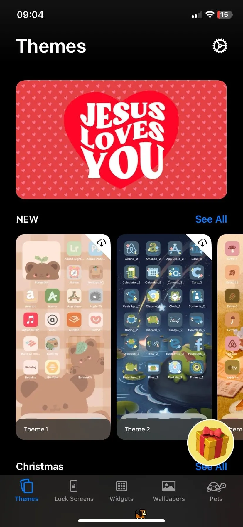 Màn hình chính ứng dụng ScreenKit với các chủ đề và gói biểu tượng tùy chỉnh