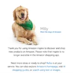 Màn hình chuyển hướng của Amazon khi tìm Inspire, hiển thị thông báo ngừng hoạt động và chú chó Milly thân thiện