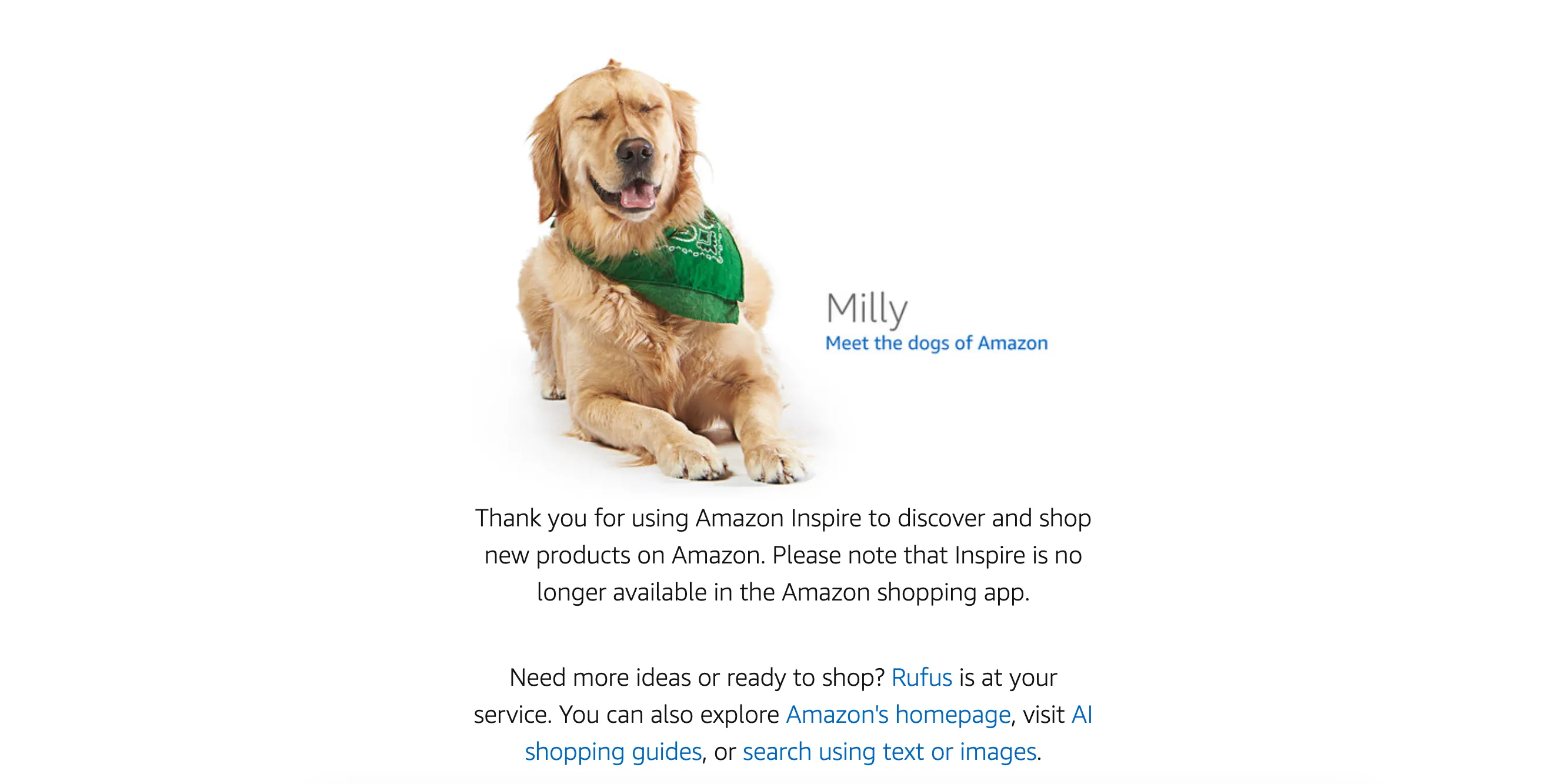 Màn hình chuyển hướng của Amazon khi tìm Inspire, hiển thị thông báo ngừng hoạt động và chú chó Milly thân thiện